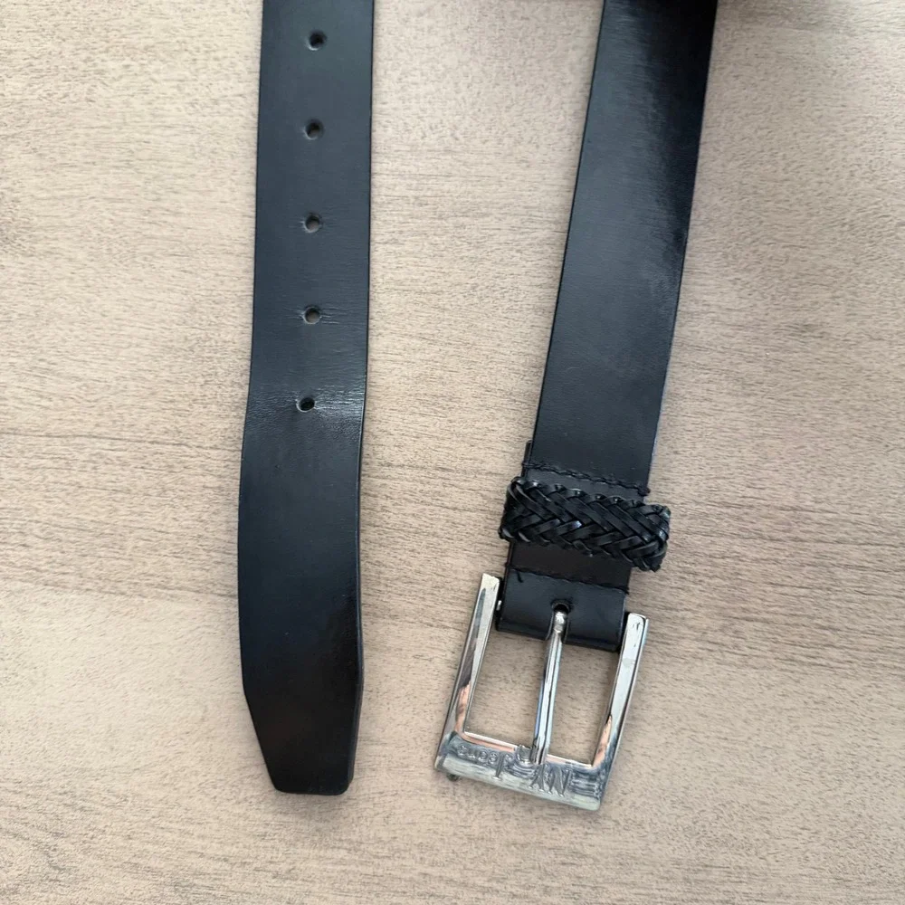 NY Jeans Womens Black Genuine Leather Belt Silver Buckle Braided Keeper Size L